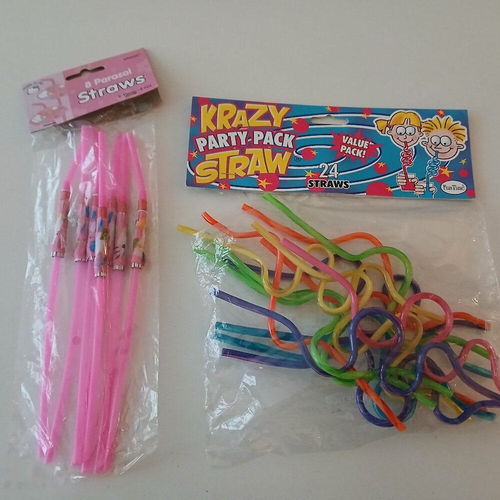 Cute, Fun Kids Straws - Colorful Curly & Hello Kitty Umbrella